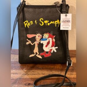 Mundi leather crossbody hand painted Ren and Stimpy.